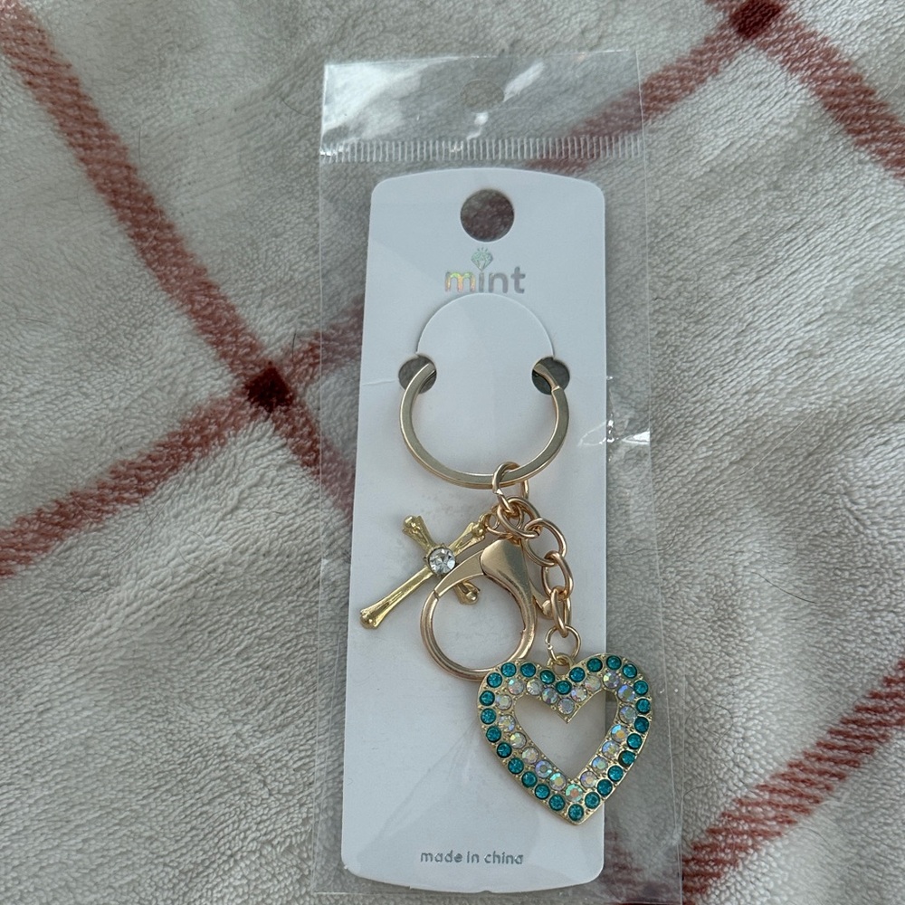 Mint Turquoise Heart Keychain with Gold Accents